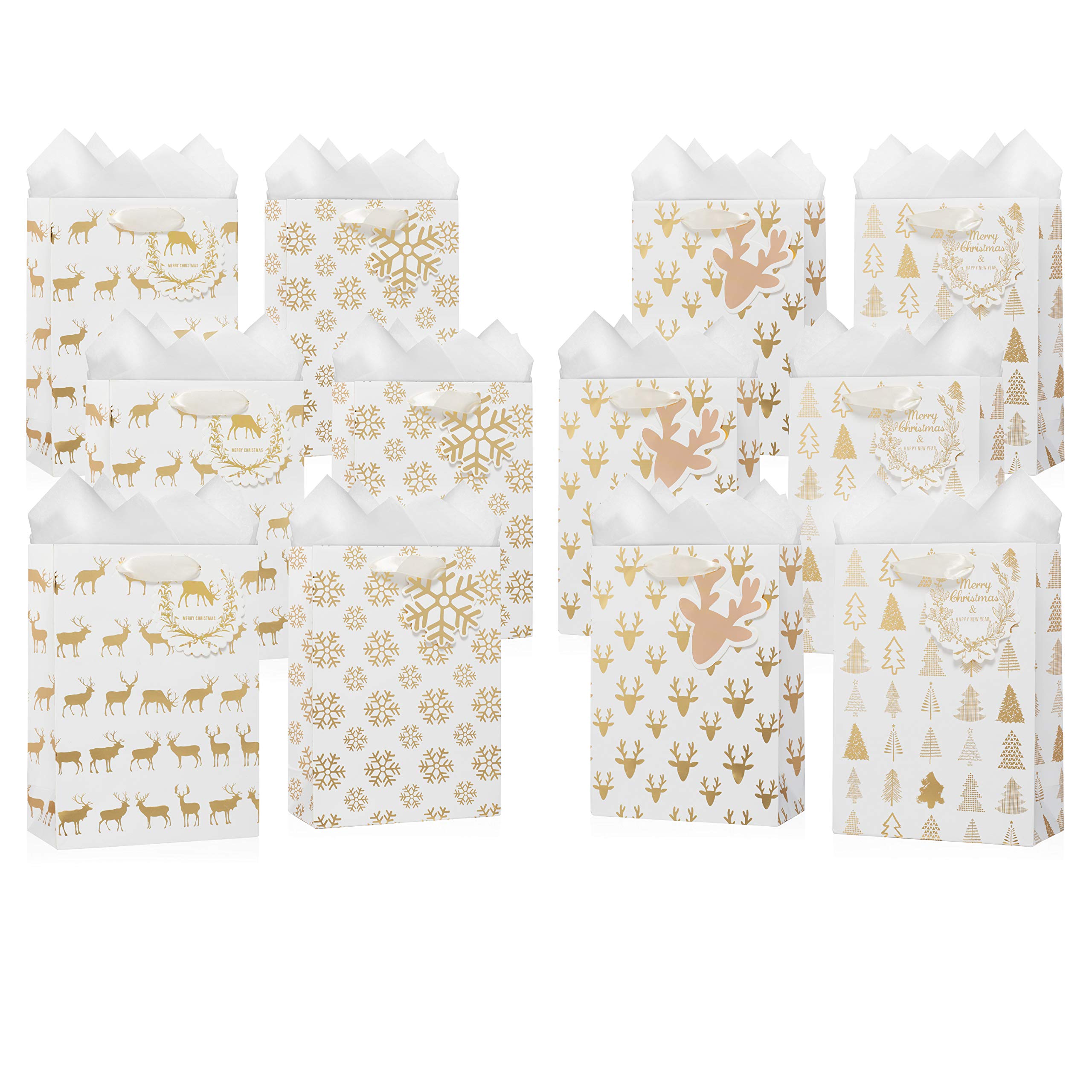 12 Pack of Christmas Gift Bags - with Tissue Paper and Note Tags Included - Premium Paper Bulk Variety Set - Medium - White and Gold