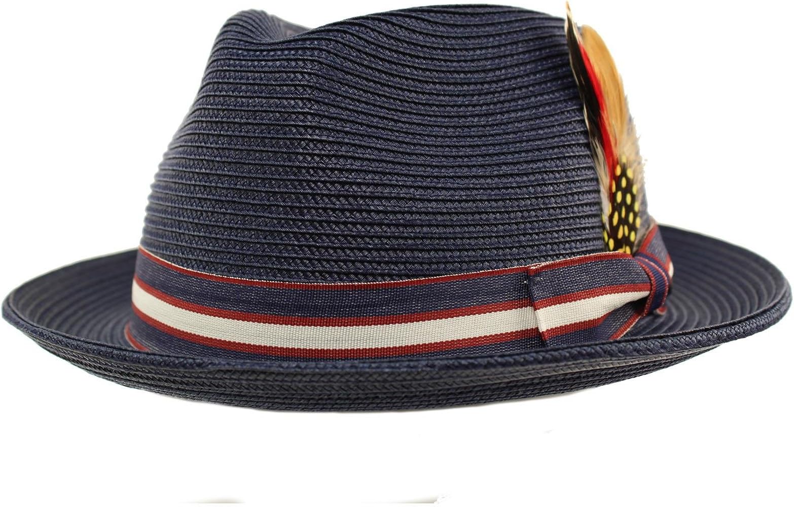 Men's Stripe Band Removable Feather Derby Fedora Curled Brim Hat