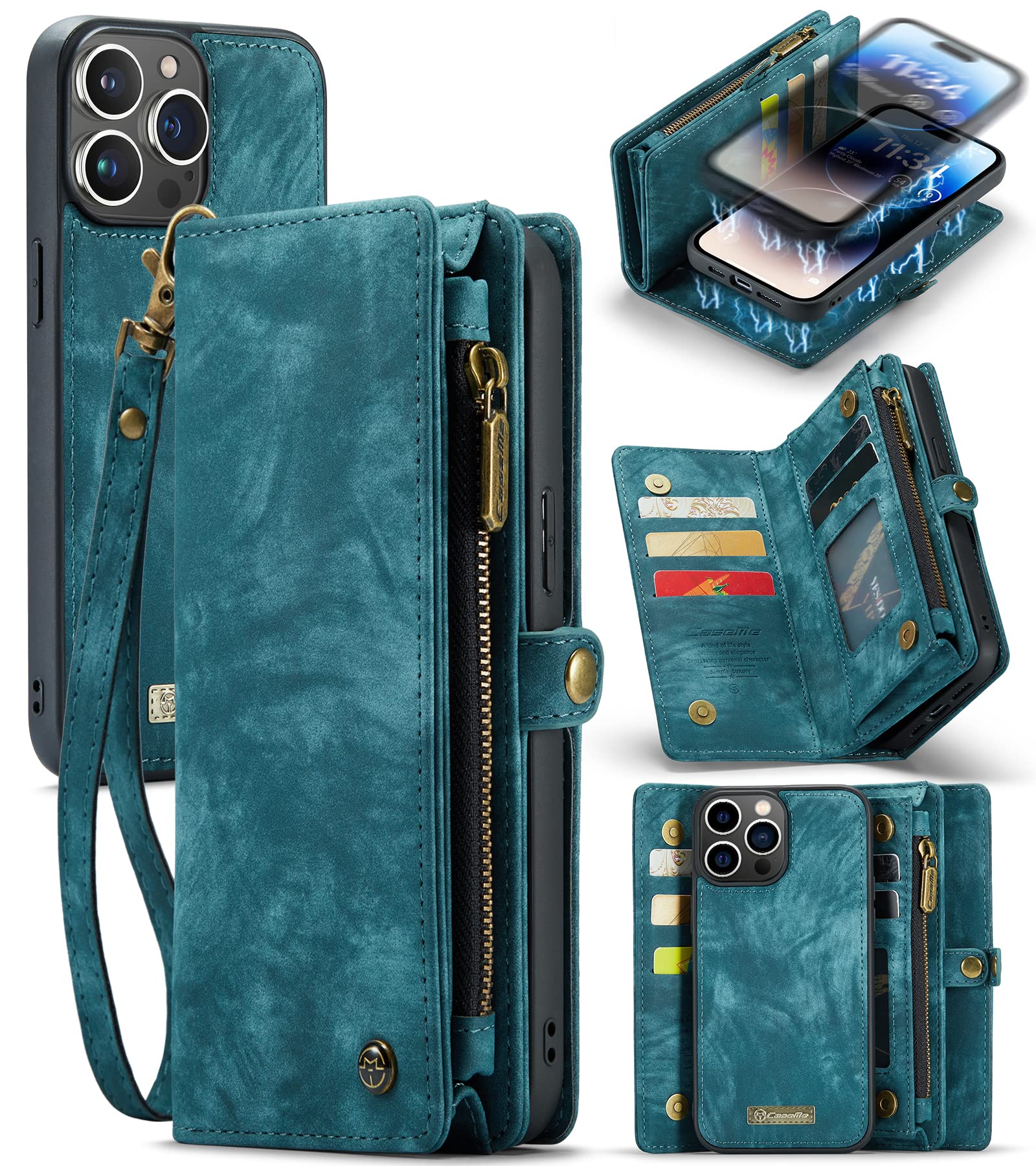 FONREST for iPhone-14-Pro-Max Wallet Case, Leather Flip Folio Cover w/Detachable Back Cover, Magnetic Closure, 8 Card slots, Cash Slots, Zipper Pocket, Hand Strap, Horizontal Viewing Stand(Blue)