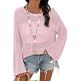 Dokotoo Womens Summer Crochet Hollow Out Sweater Bell Sleeve Beach Coverup Casual Pullover Shirt Tops Vacation Outfits