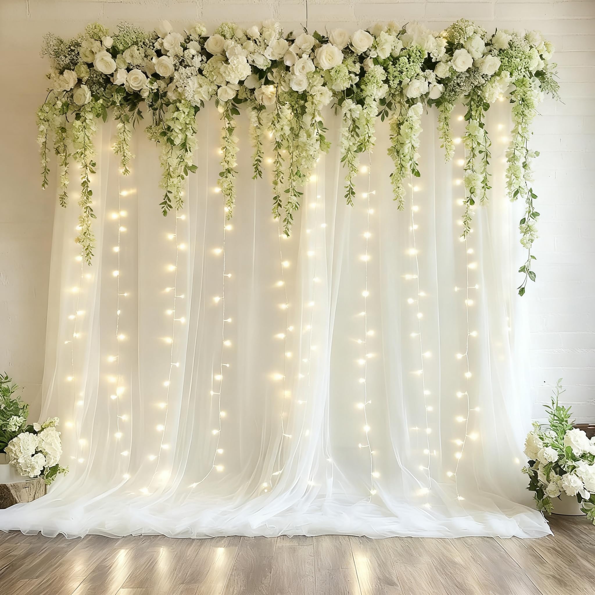 Photo 1 of 10x10ft Ivory Tulle Backdrop Curtain with Lights String for Parites, Sheer Photo Backdrop Curtains with Lights for Christmas Wedding Ceremony Reception Bridal Shower Baby Shower Birthday Party