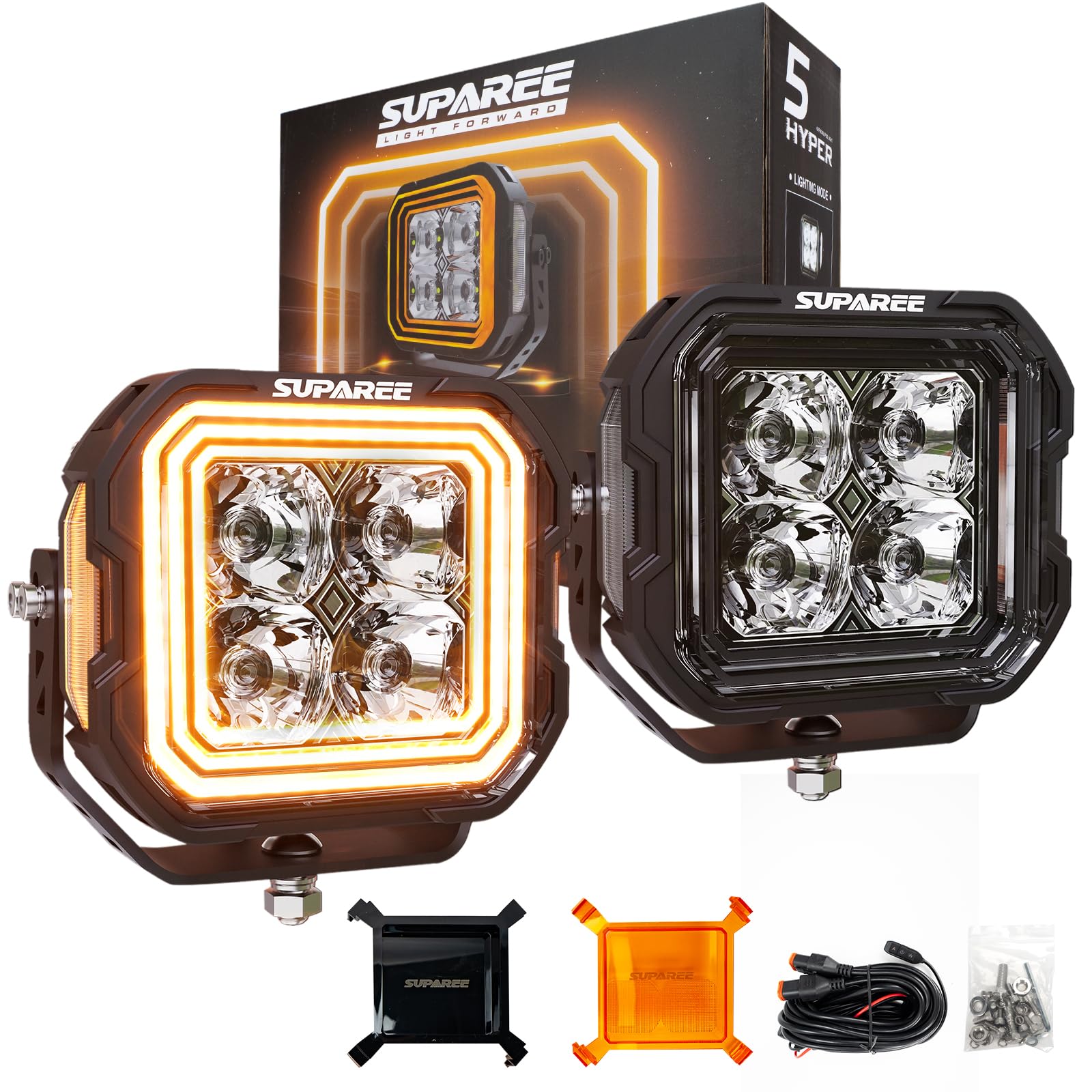 Photo 1 of SUPAREE Hyper 5" Off Road LED Pod Lights, Amber White DRL Spot Flood Combo Ditch Lights Pods, 5 Inch 135W 9116LM Cube for Jeep Wrangler Ford UTV ATV Trucks, 2PC 150° Lamp for Roof A-Pillar Bumper
