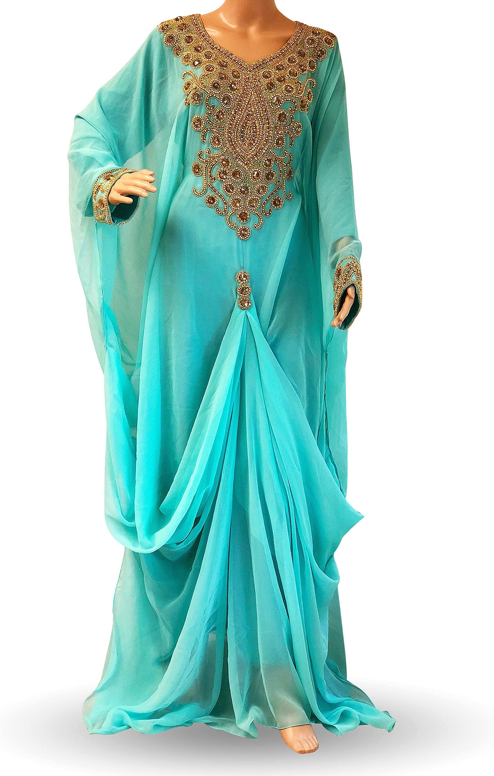 Dubai Kaftan Dress Caftan takchita Jilbab Jalabiya Maxi Gown Party wear Wedding Women's Dress Farasha Moroccan Aqua