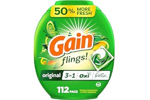 Gain Flings Laundry Detergent Pacs, 112 Count, Original Scent, 3 in 1 HE Detergent Pacs with Oxi Boost and Febreeze