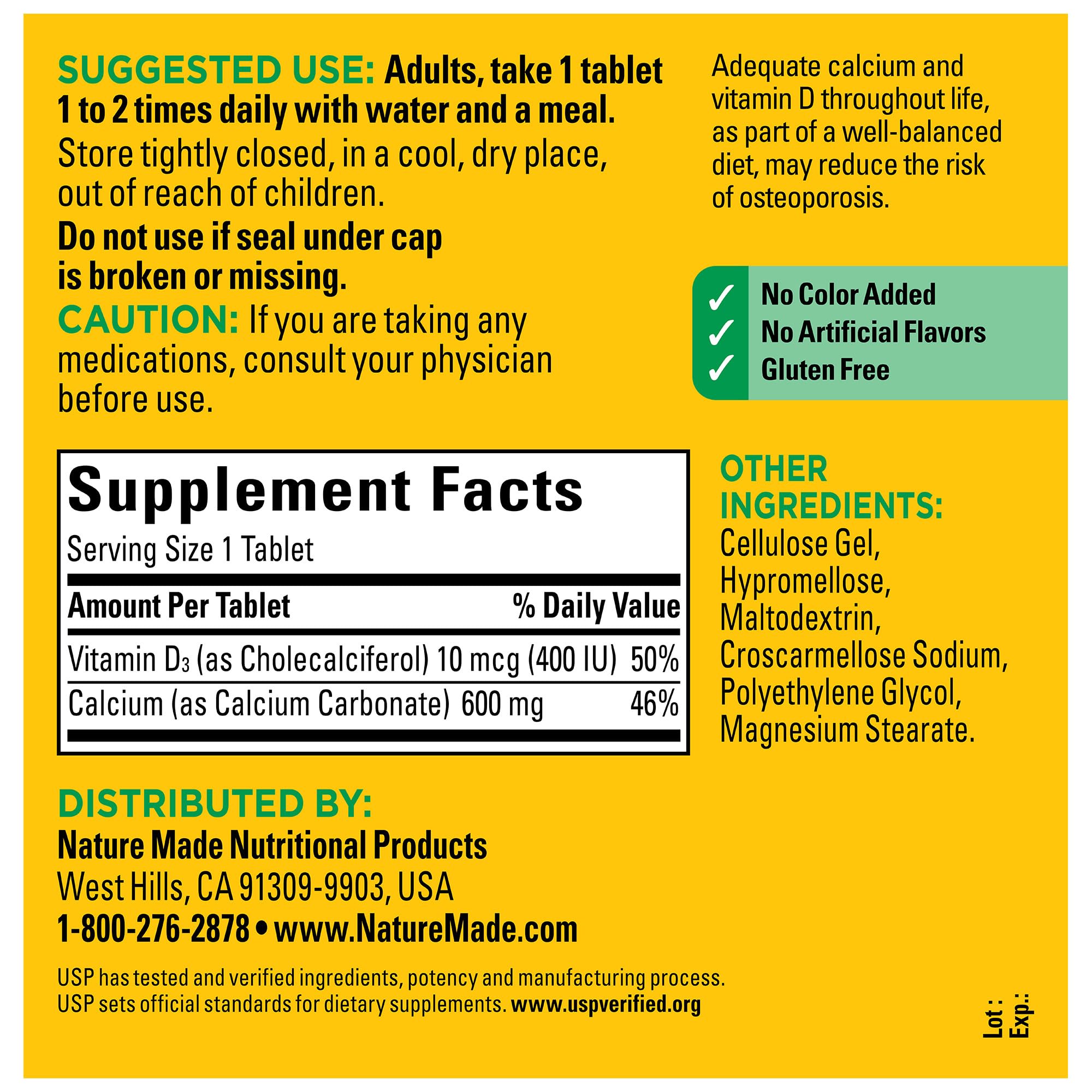 Nature Made Calcium 600 mg with Vitamin D3, Dietary Supplement for Bone Support, 220 Tablets (pack of 1)