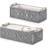 Mkono Macrame Storage Baskets Boho Decor Box Handmade Woven Decorative Countertop Toilet Tank Shelf Cabinet Organizer for Bedroom Livingroom Home, Set of 2, Grey