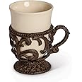 GG Collection Acanthus Leaf Cream Ceramic Cups with Brown Metal Base and Handle (Set of 4)