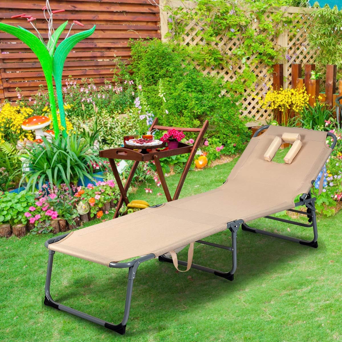 GYMAX Beach Chaise Lounge, Adjustabel Folding Sunbathing Recliner with Face Hole & Removable Pillow, Portable Folding Cot for Beach Patio Backyard (1, Sand): Garden & Outdoor