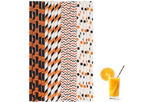 AHQIZFX 100PCS Halloween Paper Straws, 4 Mixed Styles Orange Black White Halloween Theme Paper Straws, Decorative Party Drinking Straws with Stripe, Wave, Dots, Pumpkin Design for Halloween Party Supplies