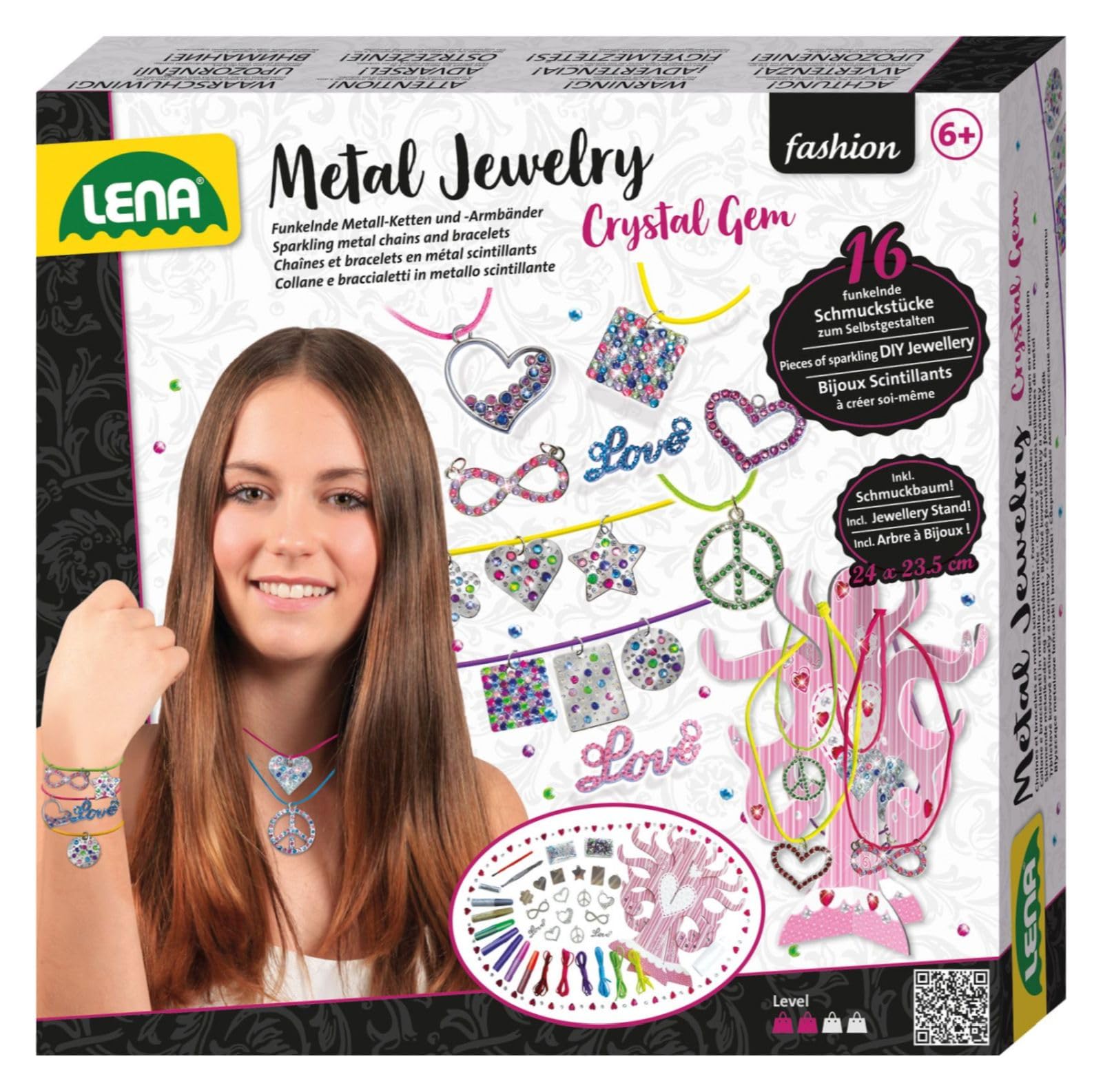 Lena 42658 Craft Set Metal Jewellery with Crystal Gemstones Complete Set with 16 Metal Jewellery Pendants, 6 Ribbons, 650 Rhinestones & Glitter Set for Bracelets and Necklaces Children from 8 Years