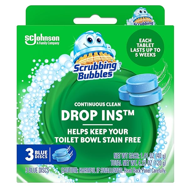SCRUBBING BUBBLES CONTINUOUS CLEAN DROP-INS TOILET CLEANER TABLET, REPELS TOUGH HARD WATER AND LIMESCALE STAINS, BLUE DISCS, 4.23 OZ, 3CT