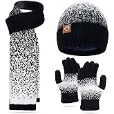 Womens Winter Beanie Hat Scarf Gloves Set - Touchscreen Gloves,Long Knit Scarf & Ombre Snowflake Design Beanie Set for Women