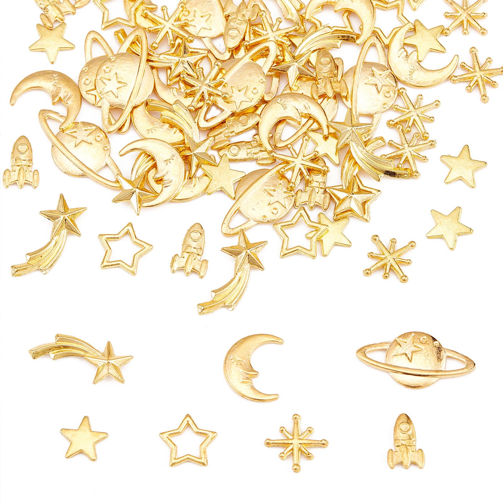 NICENEEDED 70 Pcs Moon Cosmos Themed Resin Fillers Charms, Gold Star Moon Filling Accessories for Epoxy Resin Craft Nail Jewelry Making Spaceship Planet Pendant for Necklace Bracelet Earring Decor