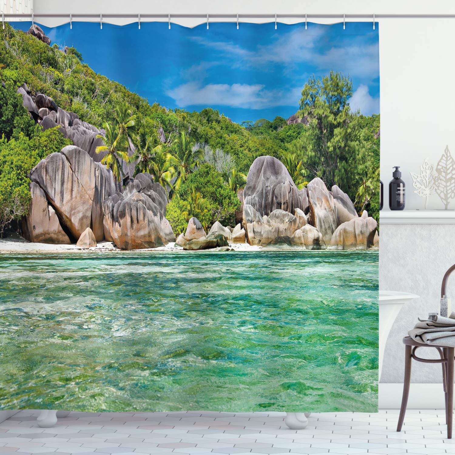 ABAKUHAUS Tropical Shower Curtain, Landscape of Island with Trees in Seychelles and the Sky Digital Print, Cloth Fabric Bathroom Decor Set with Hooks, 86 Inches Extra Long, Blue and Fern Green