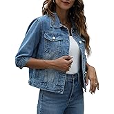 happlan Women's 3/4 Sleeve Short Denim Jacket Lapel Button Down Cropped Trucker Jean Jackets Coats