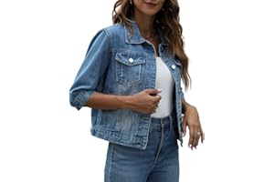 happlan Women's 3/4 Sleeve Short Denim Jacket Lapel Button Down Cropped Trucker Jean Jackets Coats