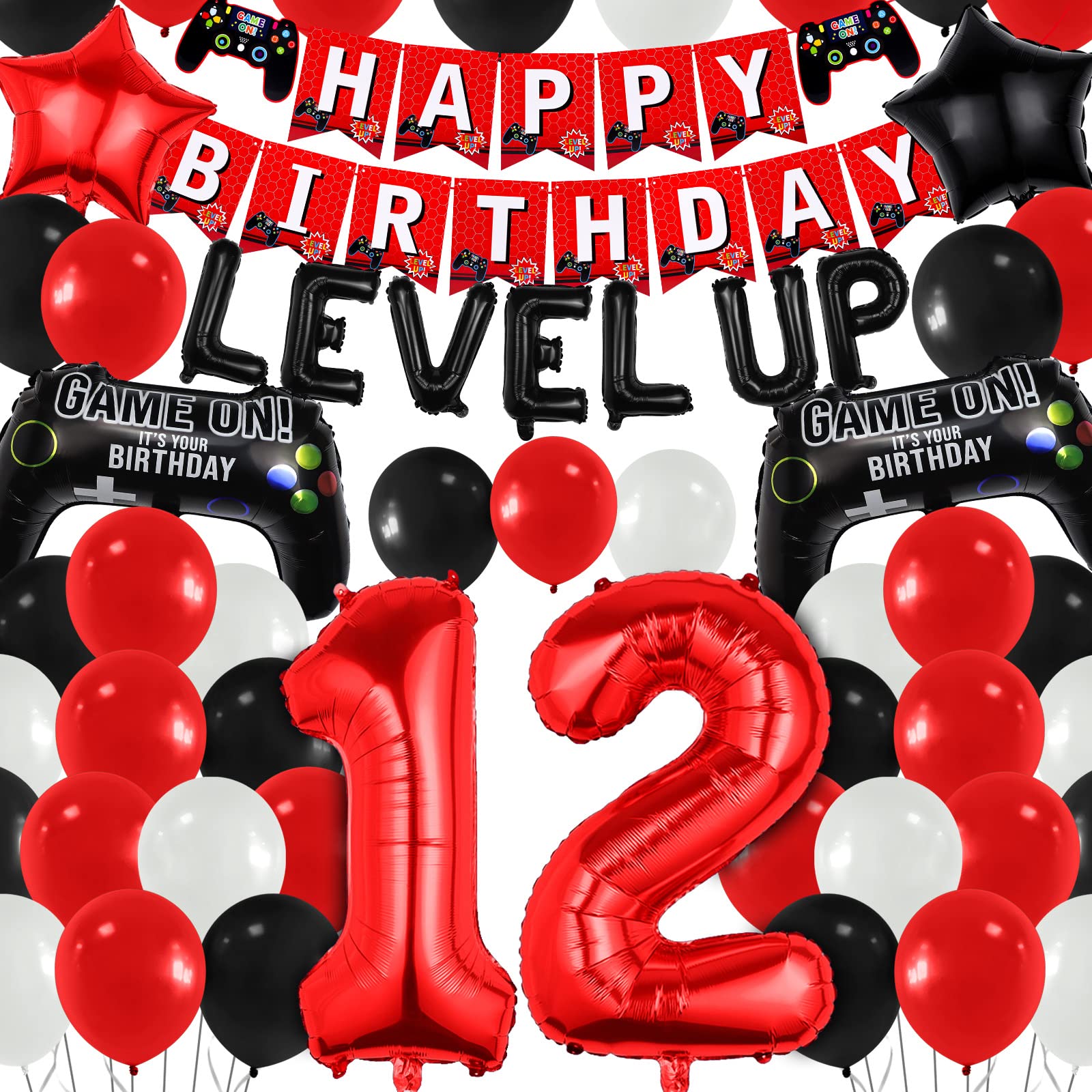 Photo 1 of 12 th Level Up Theme Video Game Birthday Decorations Supplies Boys Girls Party Decor Favors Including Red Black White Latex Balloons Gaming Birthday Banner Black and Red Foil Gamepad Balloons