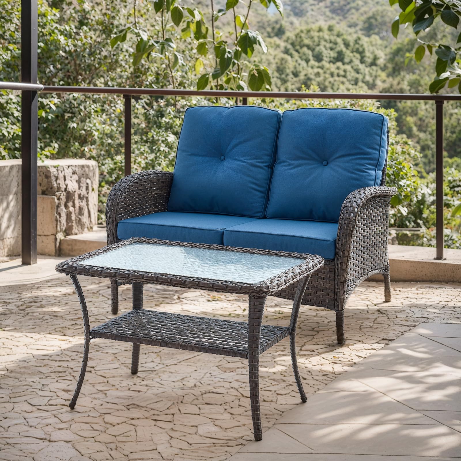 HUMMUH Outdoor Loveseat Sofa 2-Seat PE Wicker