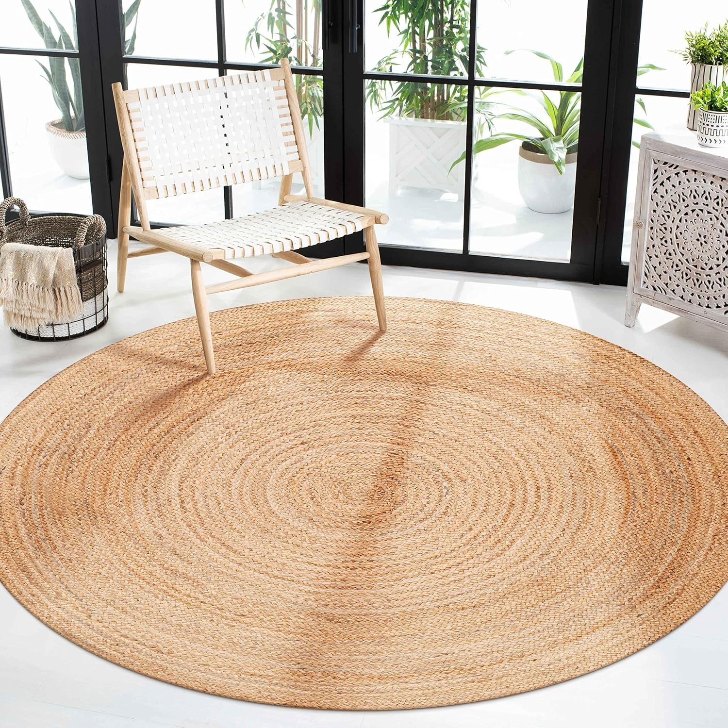 Craft Trade Natural Round Jute Area Rug Boho Braided Hand Woven Vintage Sisal Rug Reversible Home Decor Farmhouse Carpet Rag Rug for Kitchen Living Room and Bedroom - Round 120x120 cm