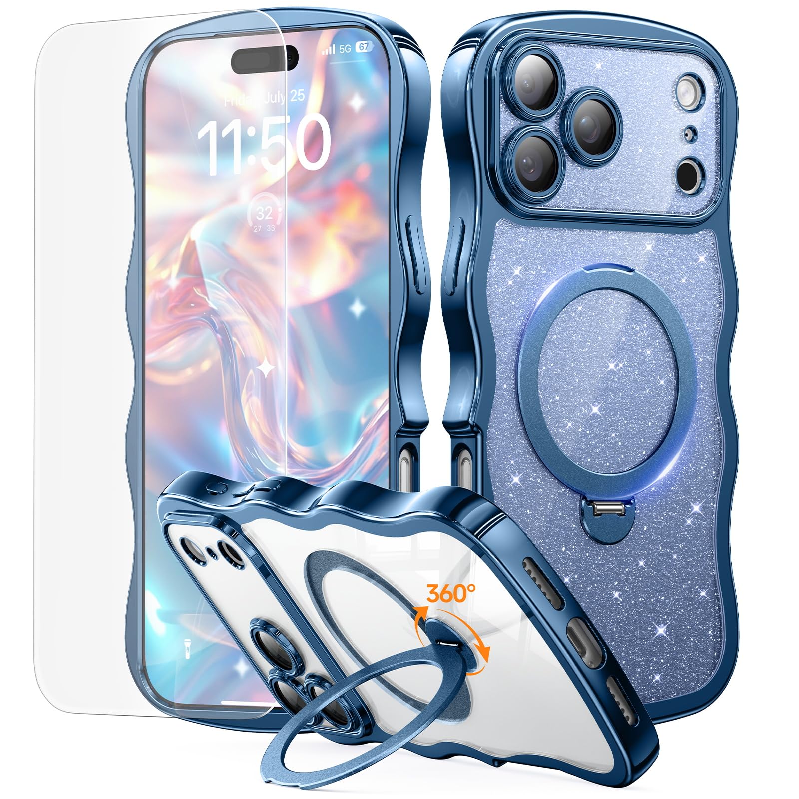 Photo 1 of 3 in 1 for iPhone 17 Pro Max Case with 360° Spin Magnetic Stand, 1X DIY Glitter Cardstock +1X Screen Protector, [Fit for Magsafe] Cute Wavy Glossy Clear Phone Cover for Women Girls 6.9", Sapphire Blue
