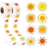 Ospvcwk 2 Rolls 1000 Pcs Sun Stickers, 1 Inch Waterproof Sunshine Stickers in 8 Cute Designs, First Trip Around The Sun Decorations for Birthday Party Favors