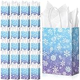 24 Pcs Winter Snowflake Gift Bags, Blue and Purple Snowflake Goodie Bags Bulk with 24 Tissue Paper, Holiday Kraft Paper Party Favor Bags with Handles for Birthday Christmas Winter Wonderland