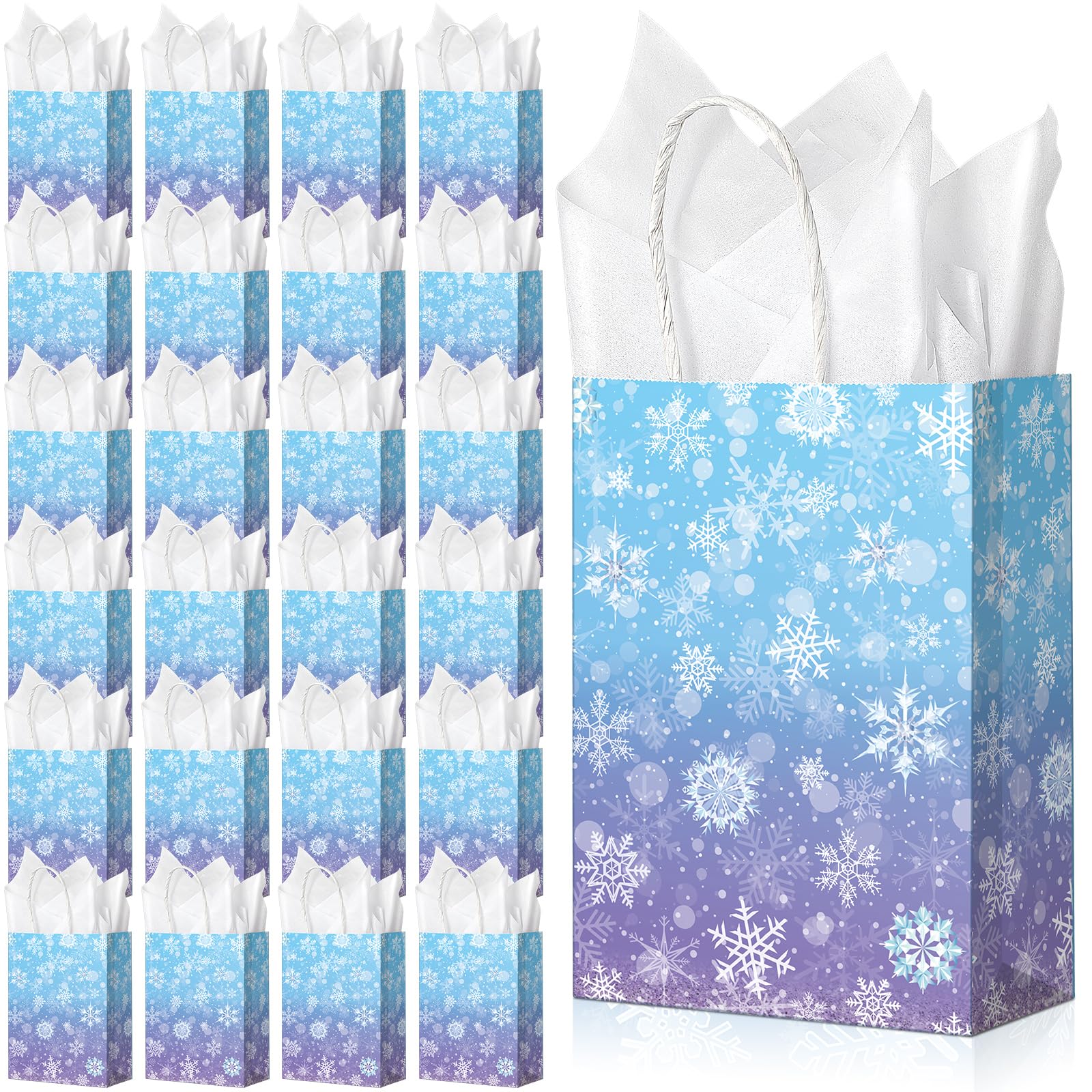 Photo 1 of 24 Pcs Winter Snowflake Gift Bags, Blue and Purple Snowflake Goodie Bags Bulk with 24 Tissue Paper, Holiday Kraft Paper Party Favor Bags with Handles for Birthday Christmas Winter Wonderland
