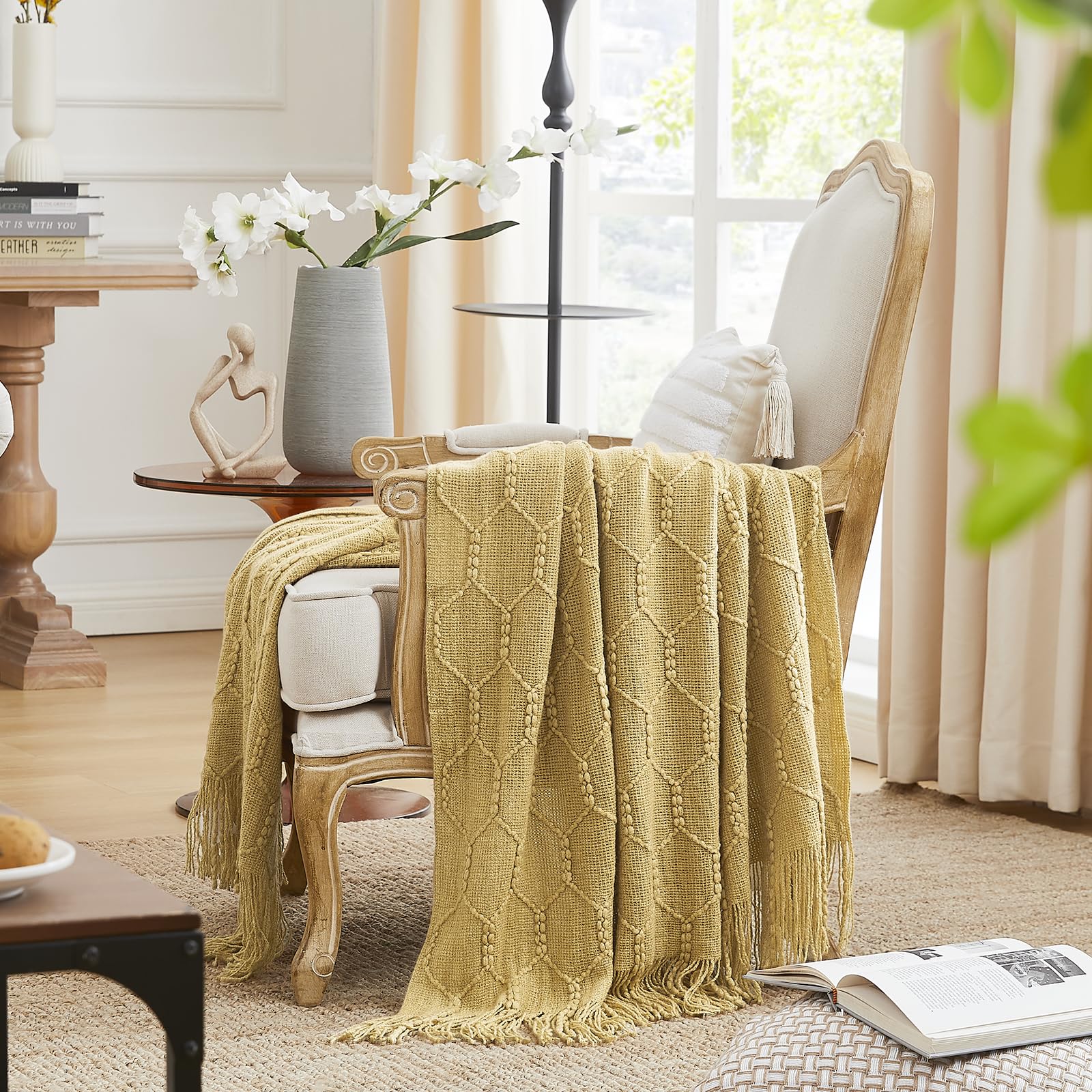 KASYLAN Diamond Knitted Throw Blanket Textured Solid Soft Sofa Throw Couch Knitted Decorative Blanket, 127x152cm Mustard