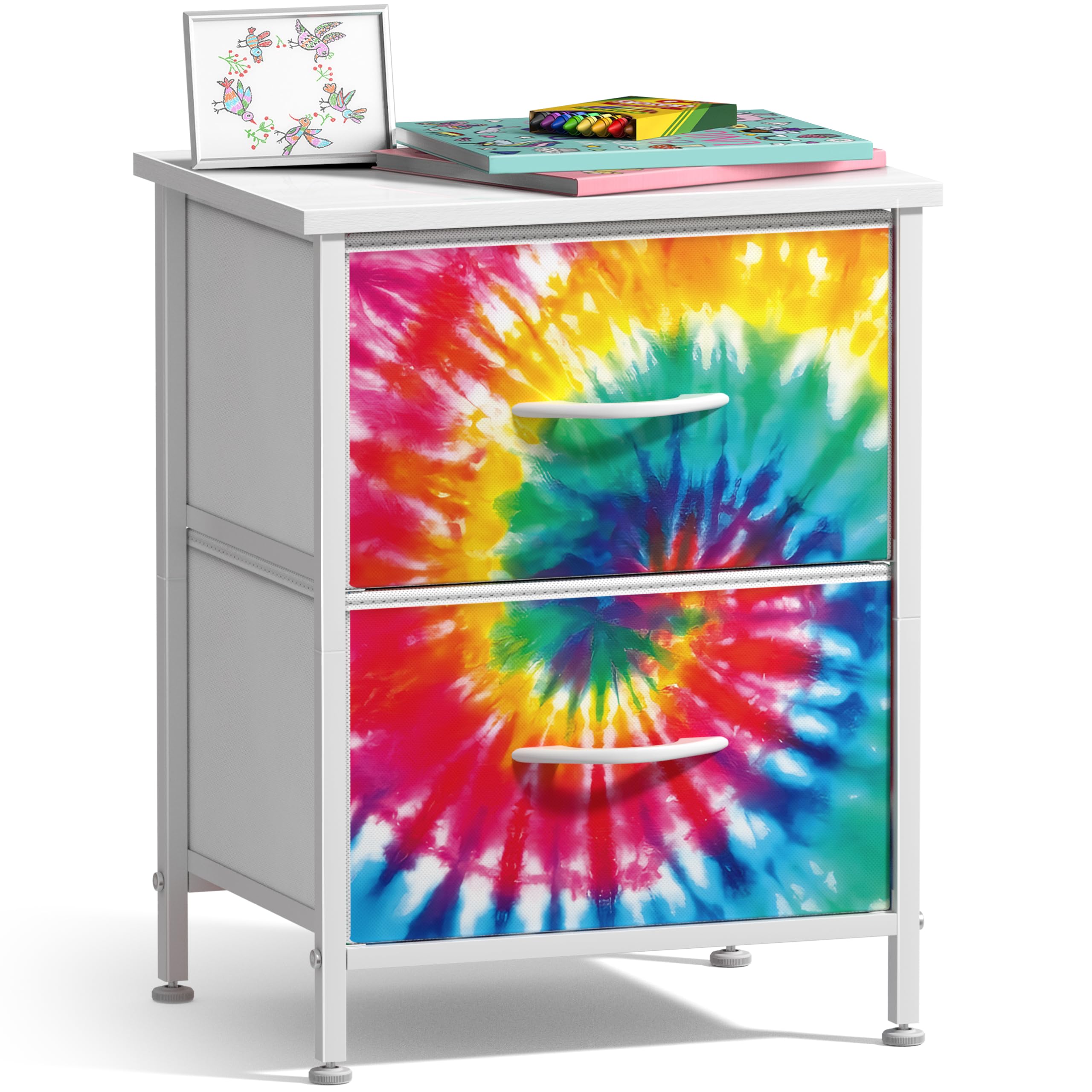 Sorbus Nightstand with 2 Drawers - Kids Bedside Furniture End Table Night Stand - Steel Frame, Wood Top & Easy Pull Fabric Bins - Dresser & Chest for Home, Bedroom Accessories, Office & College Dorm Image