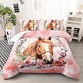 AILONEN Beautiful Horse Comforter Set Queen Size, Horse with Floral Hoop Bedding Set for Kids Girls,Kawaii Animal Duvet Set,Pink Theme Bed in a Bag,Soft Microfiber,1 Quilt and 2 Pillowcases