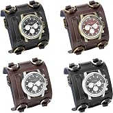 JewelryWe Wide Leather Cuff Watch for Men Black Punk Quartz Wristwatch | Detachable Dial Converts to Bracelet for Bikers Concert Halloween Outfits 8.27-9.84