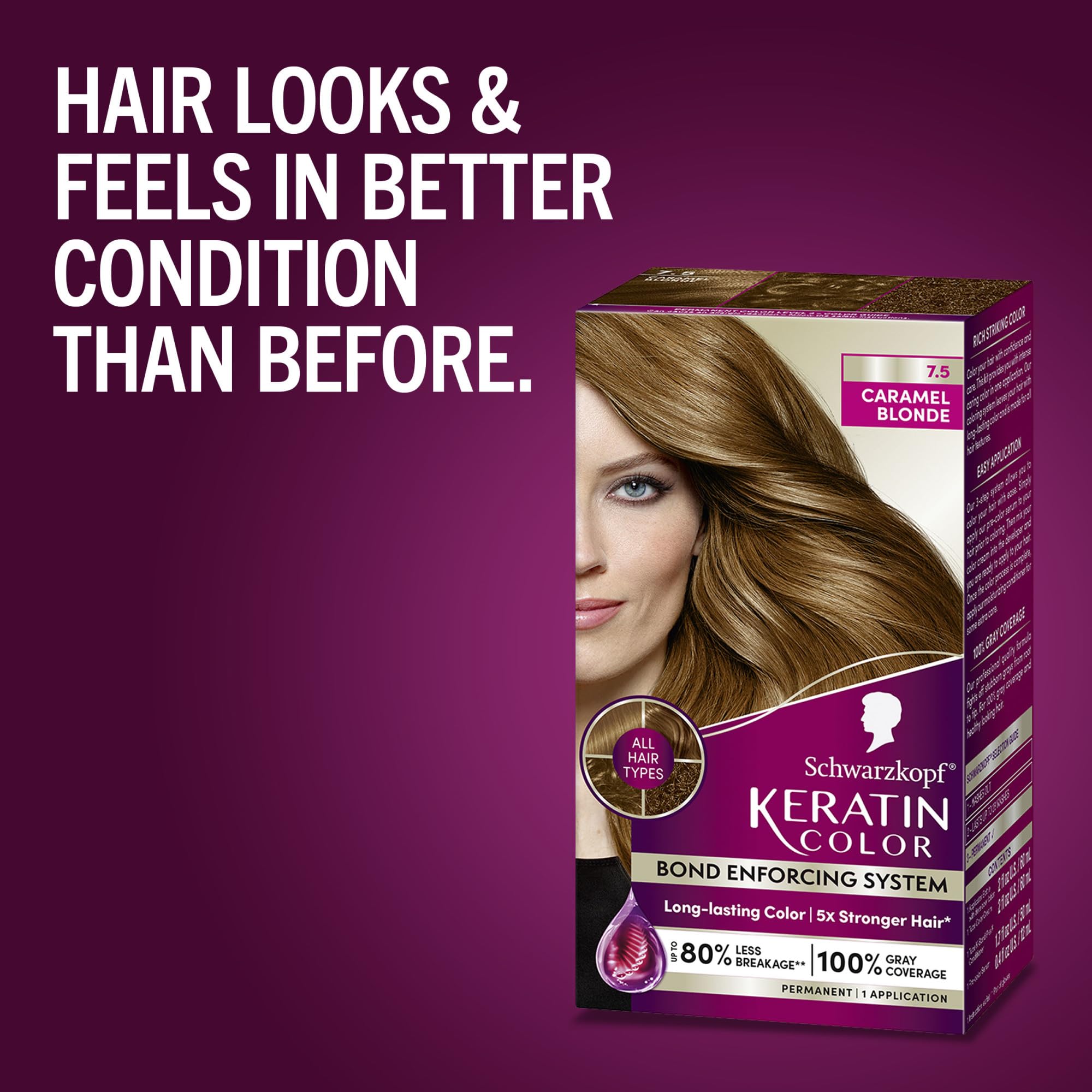 Schwarzkopf Keratin Color Permanent Hair Color, 7.5 Caramel Blonde, 1 Application Professionally Inspired Permanent Hair Dye for up to 80% Less Breakage vs Untreated Hair and up to 100% Gray Coverage