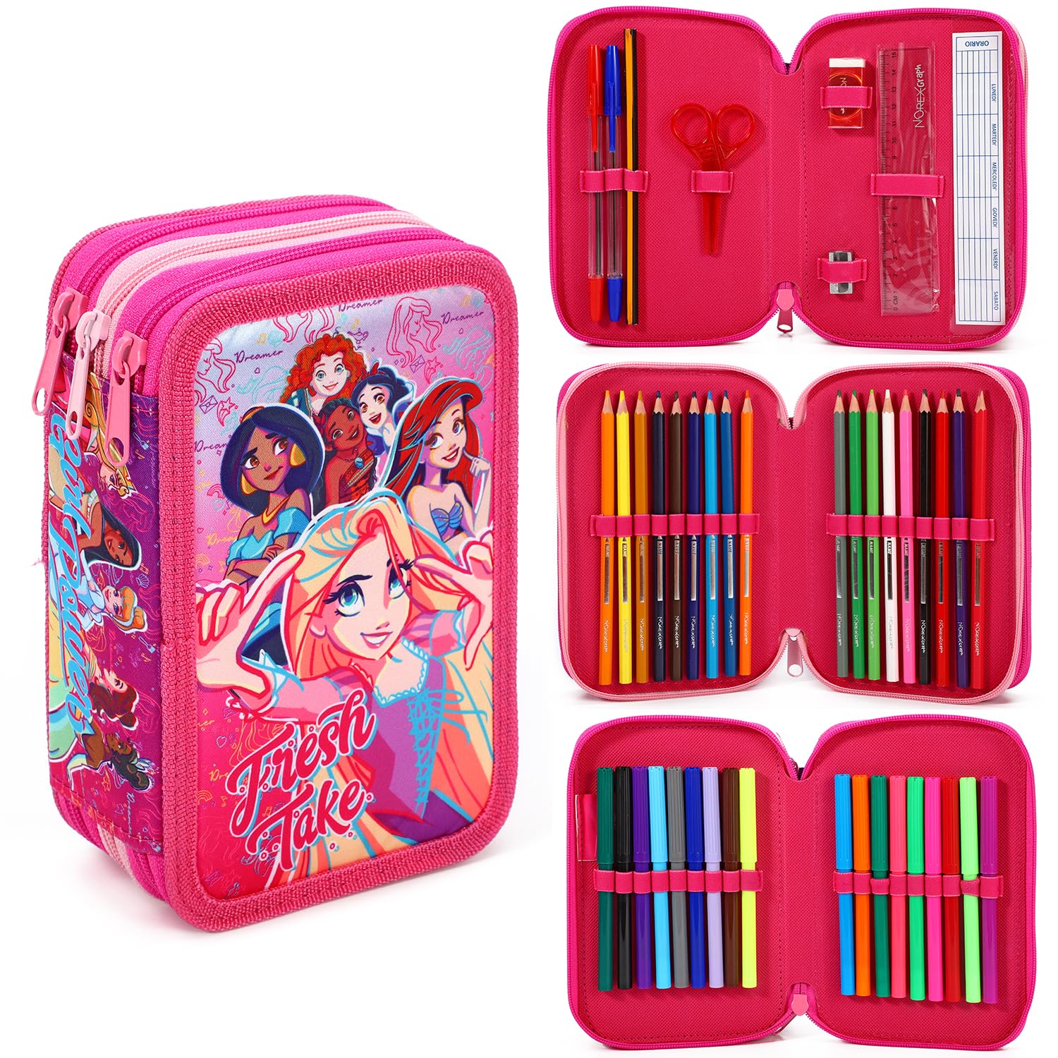 TDL Disney Princess Filled Pencil Case Large Full Stationery Set School Supplies for Kids 3 Tier with Pens, Pencils & Markers Girls Pink Case