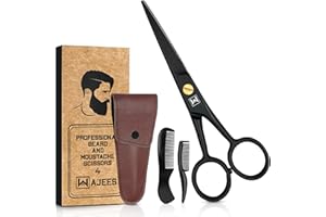 WAJEES Mustache & Beard Scissors for Men – Professional 5" Stainless Steel Grooming Kit with Comb & Travel Case – Sharp Facial Hair Trimming Tool for Mustache, Beard, Nose & Eyebrows
