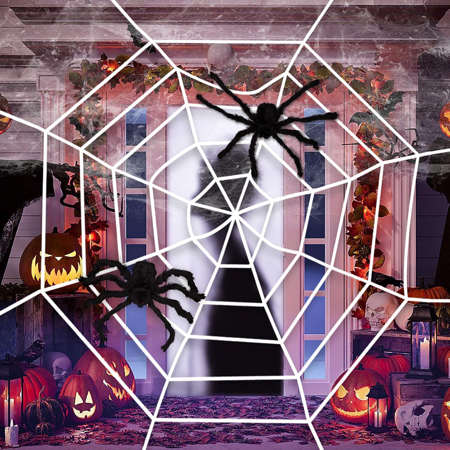 jollylife Fake Spider Web White Halloween Decorations,with 2 Black Big Spiders- Outdoor Yard Haunted House Party Decor Supplies 8.2ft