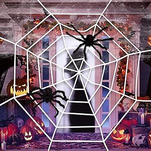 jollylife Fake Spider Web White Halloween Decorations,with 2 Black Big Spiders- Outdoor Yard Haunted House Party Decor Supplies 8.2ft