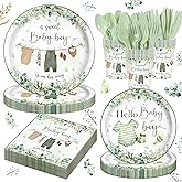 140PCS Greenery Baby Boy Shower Decorations Tableware Set, Boho Greency Party Decorations Tableware Set Dessert Plates Napkins Forks for 20 Guests