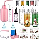 Meanplan 4 Pack Christmas DIY Snow Globe Tumbler Supplies Kits, UV DTF Cup Wraps 16oz Double Wall Can 5 Colors Glitter Squeeze Bottle Scraper UV Resin Flashlight funnel for Snow Globe Tumbler DIY Gift