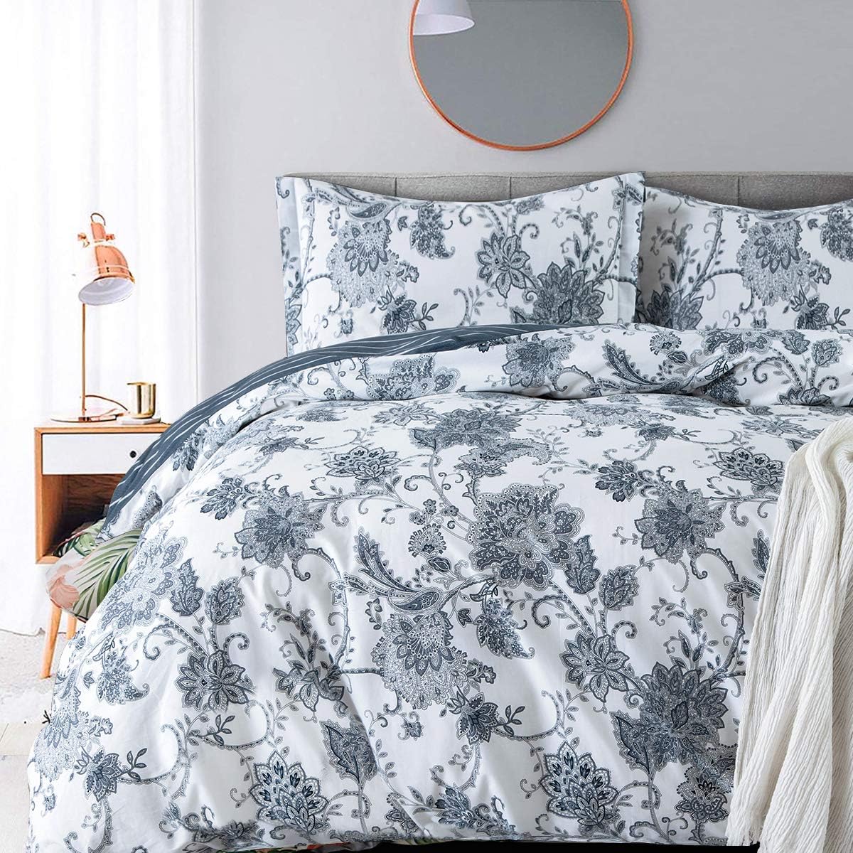 Duvet Covers Sets Cotton Queen Damask Paisley Vintage Floral Duvet Cover-1000tc Egyptian Cotton Percale Weave Reversible 3pc Bedding-Soft Breathable Comforter Cover Set(Queen,White Base Navy Floral)