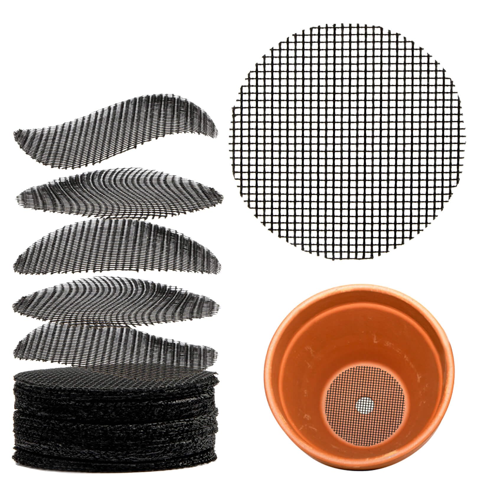 Photo 1 of 100 Plant Pots Hole Mesh Pad - MAQIHAN Flower Pot Mesh Mat Terrarium Potting Eye Mesh Mats Pot Substrate Barrier 2 Inch Net Bonsai Gardening Grid Ceramic Drainage Hole Mesh Screen Prevent Soil Leaking