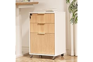INNOD 3 Drawer Fluted Mobile File Cabinet with Lock, Rolling File Cabinet, Under Desk Wooden Filing Cabinets for Home Office