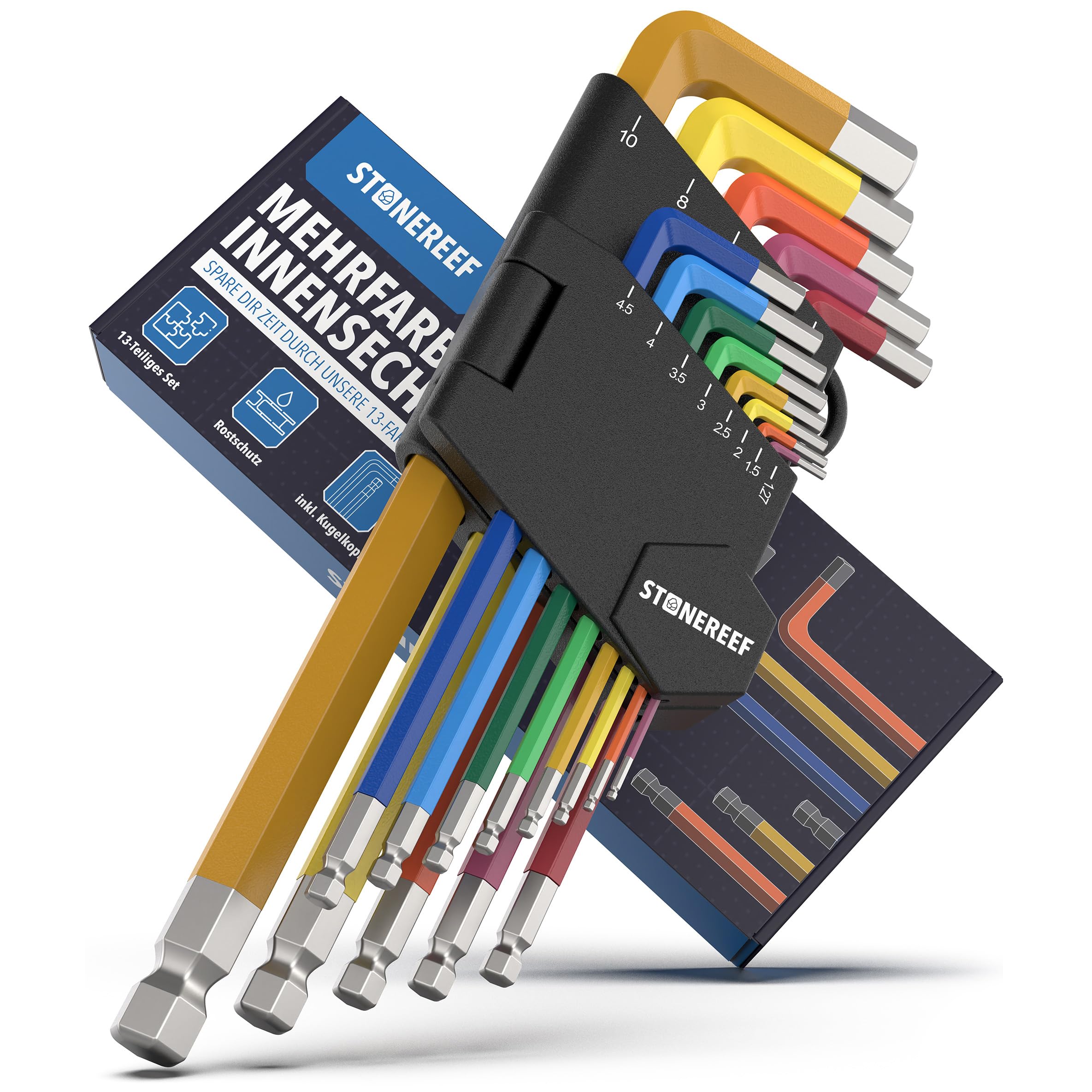 STONE REEF Innensechskantschlüssel Set 13tlg. [inkl. Kugelkopf] - 1,27-10mm Sechskant Multicolour Satz, Sechskantschlüssel Set für Handwerker, Winkelschlüsselsatz