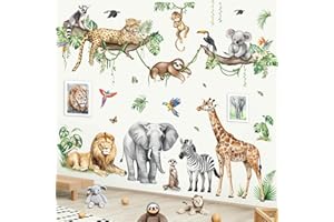 decalmile Large Jungle Animals Tree Branch Wall Stickers Safari Elephant Giraffe Leopard Tropical Leaves Wall Decals Baby Nur