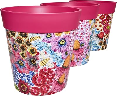 Hum Flowerpots 22cm Set of 3 Plastic Plant Pots Pink Flowers Bees