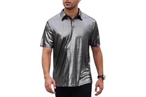 ODIZLI Men's 70s Disco Sparkly Shirt Short Sleeve Metallic Polo Shirts Party T-Shirts Nightclub Shirt Tops