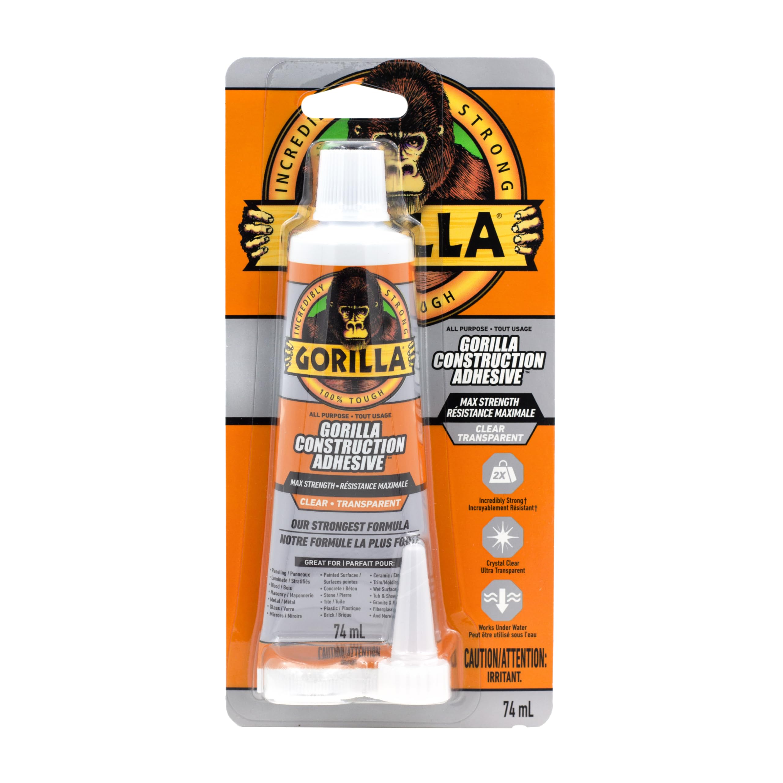 Gorilla Max Strength Construction Adhesive, Clear Glue, 2.5 Ounce Squeeze Tube (Pack of 1) - Gap Filling and Waterproof