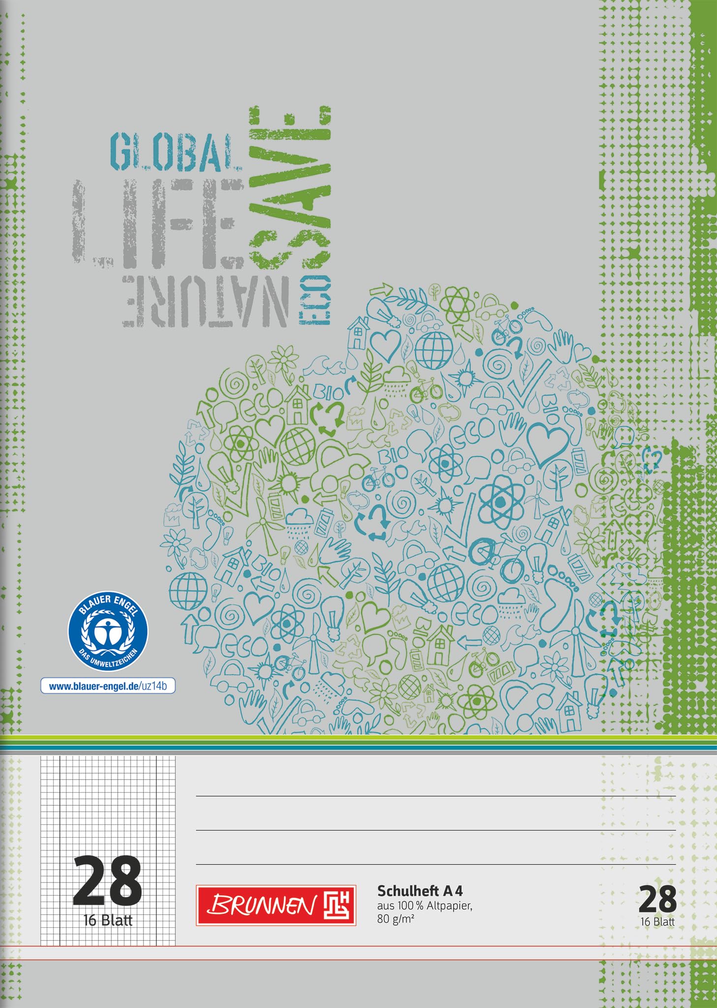 Brunnen 104412801 Squared Paper Notebook Recycled A4 16 Sheets Line Style 28 with Margin)