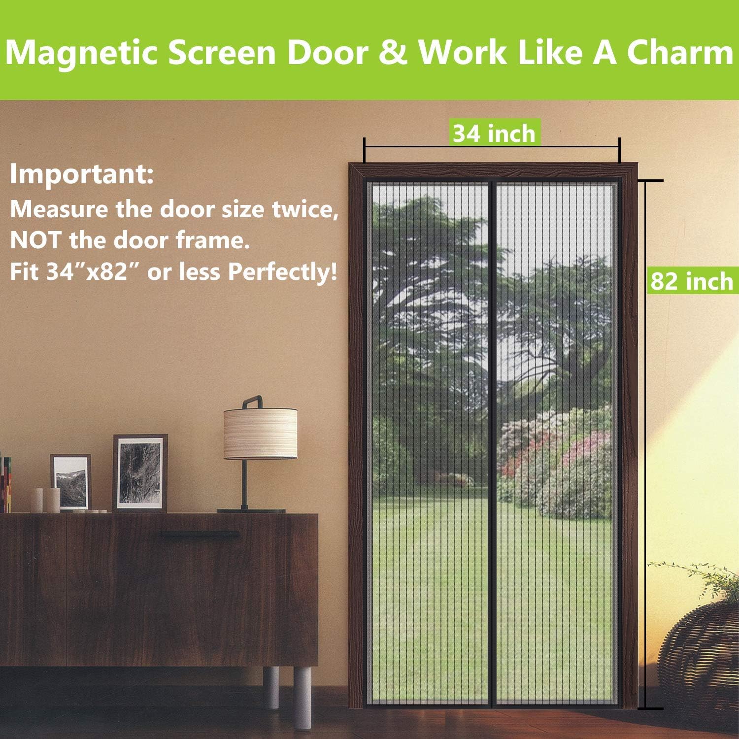 Aoocan Magnetic Screen Door - Heavy Duty mesh Door Screen and Full Frame Hook & Loop Fits Door Size up to 34"-82" Max- Black | Fresh air in & Keep Bugs Out - - 
