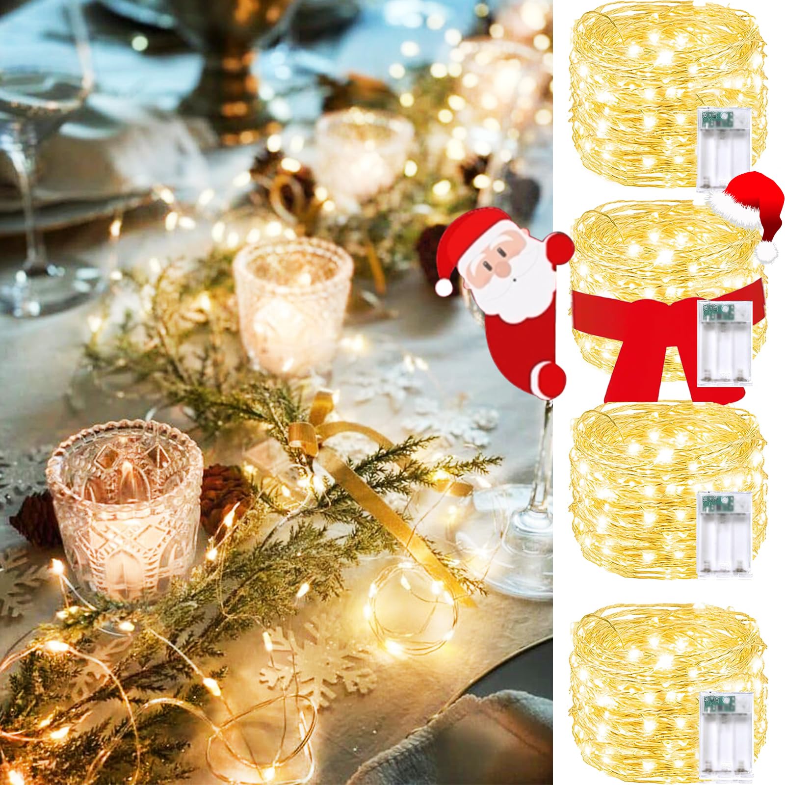 Photo 1 of 4 Pack 240 LED Christmas Fairy Lights Battery Operated with Timer, 80FT Waterproof Twinkle Lights Indoor Outdoor, String Lights Battery Powered for Bedroom, Centerpiece, Chistmas Decor (Warm White)