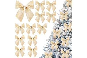 JOICEE 12 Pcs Glitter Ribbon Christmas Bows with Twist Ties,5.5 Inch Premade Metallic Xmas Bows for Christmas Trees Garland Wreath Gift Wrapping Decorations(Gold)